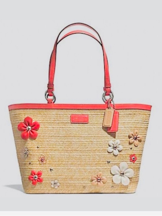 Coach Handbags - Coach Straw Leather Flower Appliqué Tote Handbag F29861 - 2013 Salmon Beige EUC